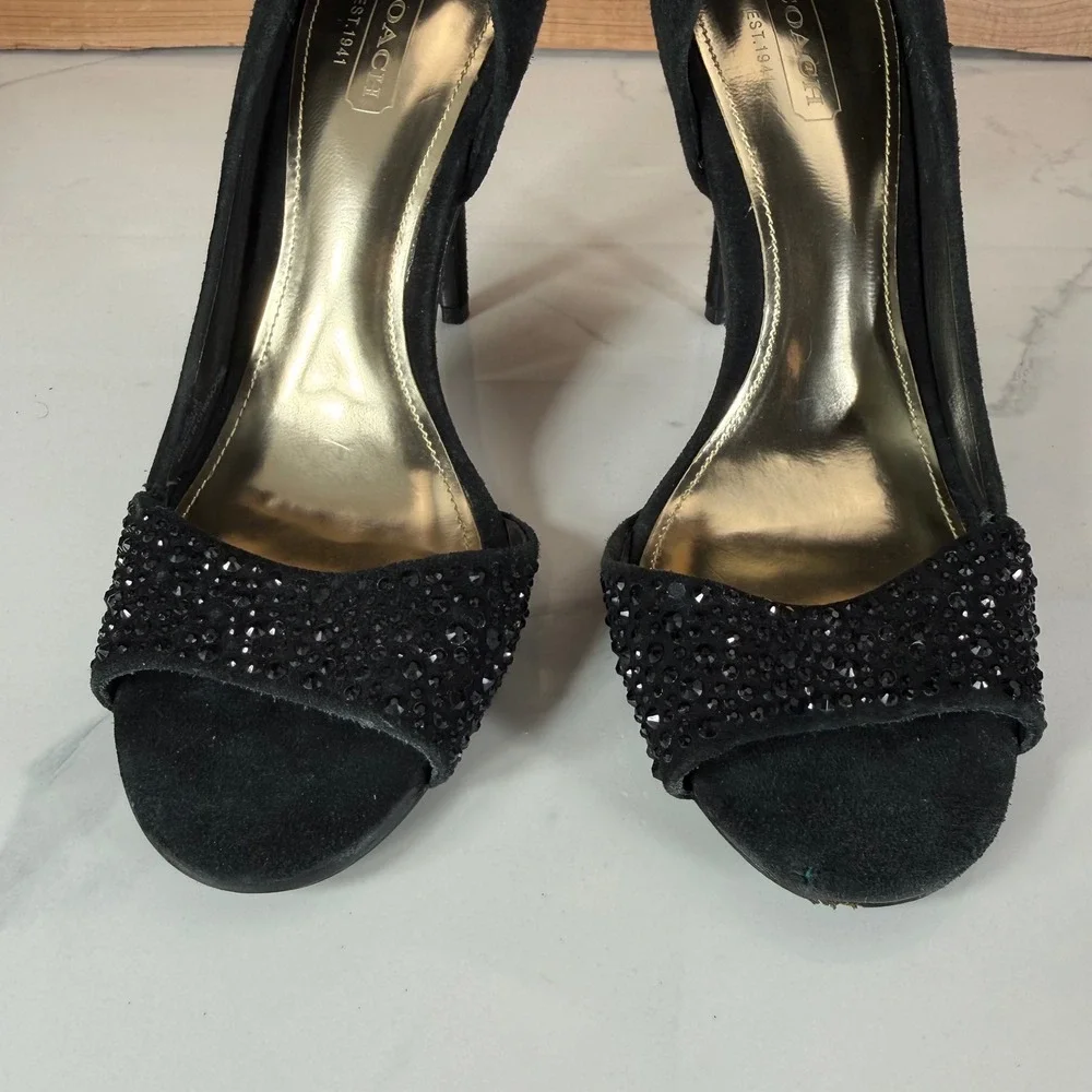 Coach Black Suede Rhinestone Peep Toe Pumps d'Orsay Stiletto Heels‎ Womens 6B